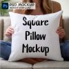 Pillow Mockup PSD Simplistic – PSD Woman Holding Cushion Mockup – Square Pillow Mockup – White Printify Pillow Mockup – Pillow Stock Photo