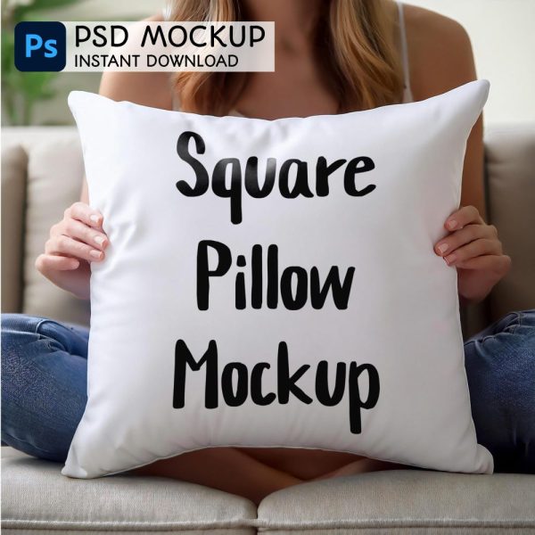 Pillow Mockup PSD Simplistic – PSD Woman Holding Cushion Mockup – Square Pillow Mockup – White Printify Pillow Mockup – Pillow Stock Photo