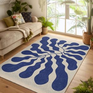 Blue Leaf Living Room Rug|Botanical Kitchen Mat|Washable Carpet|Blue Abstract Area Carpet|Housewarming Gift|Navy Blue Carpet|Anti Slip Rug