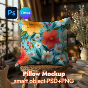 Pillow Mockup, Square Pillow Mock Up PSD Smart Object, Kids Pillow Mock-up Digital Download Template Object PSD and Canva PNG