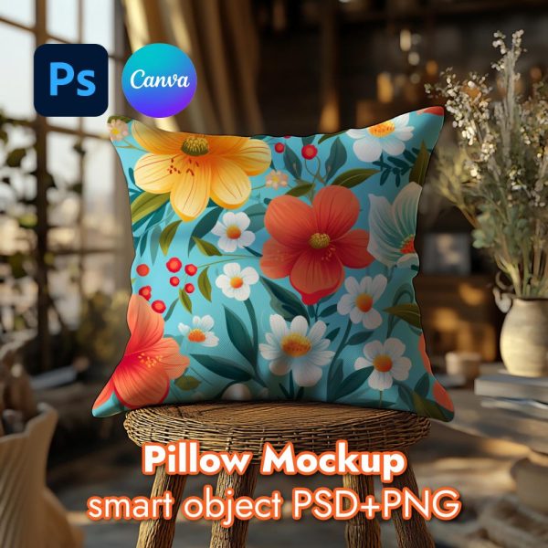 Pillow Mockup, Square Pillow Mock Up PSD Smart Object, Kids Pillow Mock-up Digital Download Template Object PSD and Canva PNG