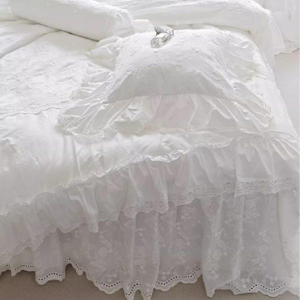 French Princess Style Pure Cotton Delicate Embroidery Hand Crafted Pleated Ruffled Edges Duvet Cover Set 4pcs Bedding Set Express Shipping
