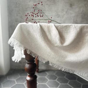 Raw edge washed linen tablecloth in off white with fringes/stylish heavyweight linen tablecloth/linen farm style tablecloth/free shipping