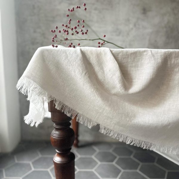 Raw edge washed linen tablecloth in off white with fringes/stylish heavyweight linen tablecloth/linen farm style tablecloth/free shipping