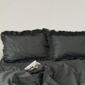 Stripe Black Ruffled Bedding 100 Cotton 4 Piece Set : Duvet Cover, 2 Pillowcases, Fitted Sheet or Flat Sheet. Custom Size