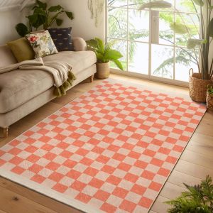 Orange  Checkered Rug|Retro Style Kitchen Carpet|Soft Salmon Area Rug|Chess Bedroom Floor Mat|Colorful Geometric Rug|Colorful Checked Rug