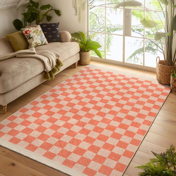 Orange  Checkered Rug|Retro Style Kitchen Carpet|Soft Salmon Area Rug|Chess Bedroom Floor Mat|Colorful Geometric Rug|Colorful Checked Rug
