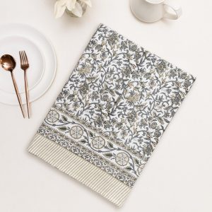 JAIPUR INDIAN TABLECLOTH | Boho Chic Floral Table Cover, Farmhouse Party Decor, Wedding Tabletop Decor, Taupe and Grey Floral Table Cover