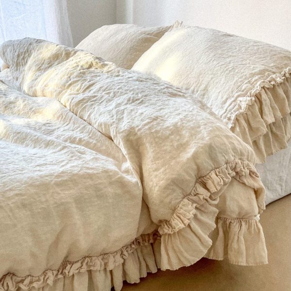 Linen Duvet Cover Set with Double Ruffles – Rustic Style in New Colors