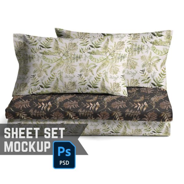PSD Sheet Set Mockup, Photoshop Smart Object Mock Up of a Folded Bedding Set with Duvet or Sheets & Pillowcases in a Clean Minimal Setting