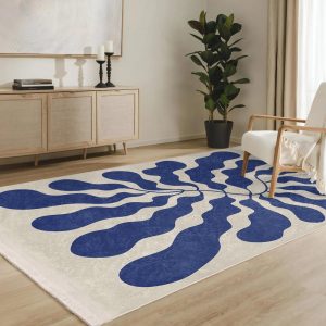 Matisse Leaf Accent Rug – Picnic Skid Proof Rug – Botanical Washable Rug – Floral Aesthetics Runner -BlueEntryway Mat-Luxury Abstract Carpet