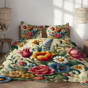 Vintage Floral Bedding Set with Duvet Cover and Pillowcases, Vibrant Yellow, Red, Blue, and Green Flower Design for Elegant Bedroom Décor