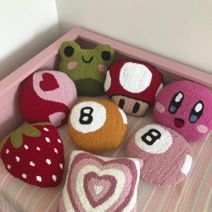Tufted Pillows, Punch Needle Pillows, Cute Pillows, Aesthetic Pillow, Tufted Strawberry Pillow, Frog Pillow, 8 Ball Pillow, Gift For Girls