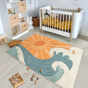 Sunburst Ocean Wave Rug-Vibrant Sun Wave Pattern-Coastal Beach Kids Carpet-Orange Blue Area Rug-Unique Playroom Accent Rug-Nursery Decor Mat