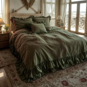 Khaki double ruffles soft linen bedding set King Queen duvet cover 2 pillowcases Two ruffles linen comforter cover with ruffles zipper