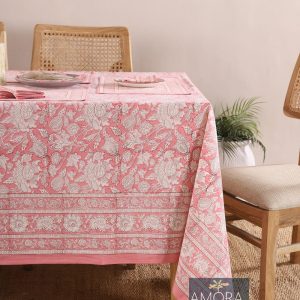 Pink Rose Floral Block Print tablecloth, Indian Cotton Table Cover, Rectangle Table Cloth, Table Cloths, Farmhouse Table Linen, Jaipur Print