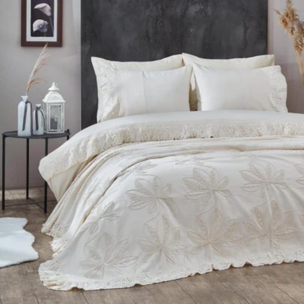 Magnolia Lace 7-Piece Bedding Set With Summer Blanket, Double Size, Cotton Satin Duvet Cover, Elegant Embroidered Quilt, Bridal Gift, Luxury
