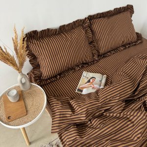 Stripe Brown&Beige Bedding Set with Ruffles – 4 Pieces (2 Pillowcases, Duvet Cover, Flat or Fitted Sheet). 100 Cotton. Custom Size