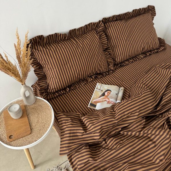 Stripe Brown&Beige Bedding Set with Ruffles – 4 Pieces (2 Pillowcases, Duvet Cover, Flat or Fitted Sheet). 100 Cotton. Custom Size
