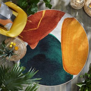 Abstract Colorblocks Round Rug – Geometric Shapes Artistic Circle Carpet-Bold Multicolor Accent Rug-Modern Teal Oval Mat-Anti-Slip Round Mat