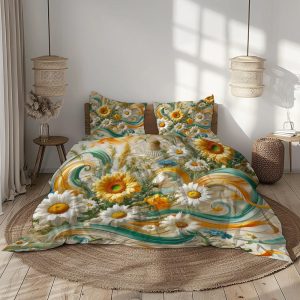 Sunflower and Daisy Bedding Set, Duvet Cover with Pillowcases in Bright Yellow, White, Green, and Turquoise Tones,Cheerful Microfiber Design