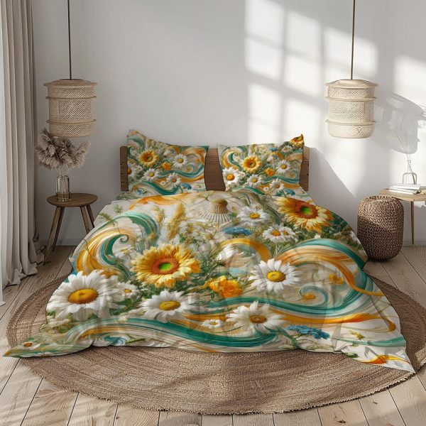 Sunflower and Daisy Bedding Set, Duvet Cover with Pillowcases in Bright Yellow, White, Green, and Turquoise Tones,Cheerful Microfiber Design