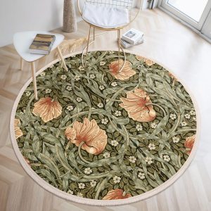 Wiliam Morris Style Round Rug-Green Leafy Floral Circle Carpet-Vintage Style Accent Rug-Washable Round Mat-Boho Home Decor Circle Mat