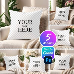5 Pillow PNG Mockup Bundle, White Throw Pillow Mockup Edit in Canva, Photoshop, 5 Mock up Bundle, Minimal Mockups, Modern Mockups