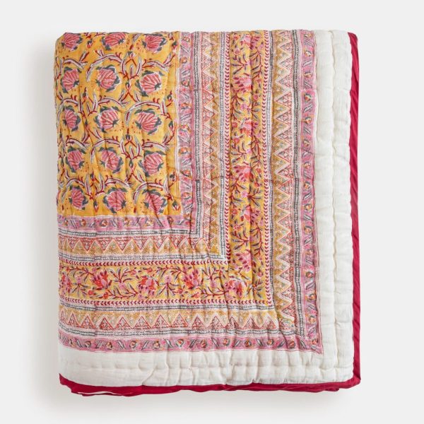 Amber Yellow Cotton Quilt, Indian Hand Block Printed Quilt Bedspread, Floral Printed Queen Comforter, Soft Summer Blanket, All Season Quilt