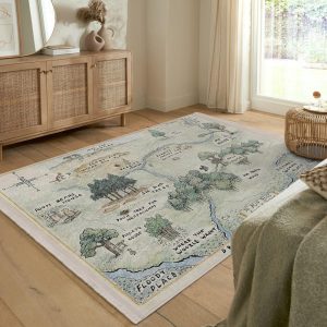 Fairy Tale Woodland Area Rug – Winnie Grip Backing Rug – Cartoon Map Washable Throw Rug -Pooh Tent Runner-Green Entryway Mat-Pooh Map Carpet