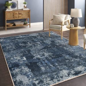 Blue Textured Abstract Area Rug – Slate Marbled Patterns Accent Carpet – Stylish Living Room Rug-Navy Washable Mat-Anti-Slip Modern Area Rug