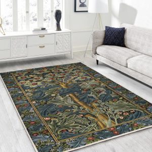 William Morris Tree of Life Design Rug-Vintage Antislip Carpet-Woodpecker Washable Throw Rug – Giant Leaves Art Painting Blue Doorway Runner