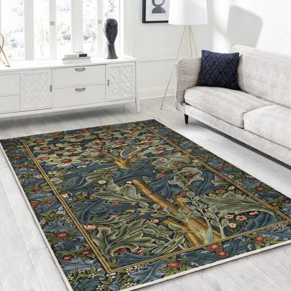 William Morris Tree of Life Design Rug-Vintage Antislip Carpet-Woodpecker Washable Throw Rug – Giant Leaves Art Painting Blue Doorway Runner