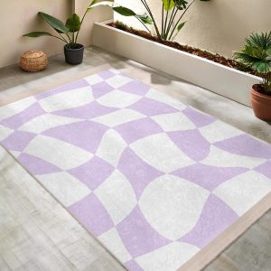 Lavender Wave Area Rug -Checkerboard Modern Mat-Non Slip Runner-Futuristic Curved Carpet-Washable Art Deco Accent Rug-Soft Pastel Living Mat