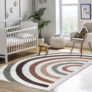 Modern Geometric Arch Brown Rug -Curved Stripe Pattern Carpet-Children’s Room Accent Rug-Multi-Color Decorative Carpet-Contemporary Play Mat