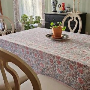Indian White-Pink Flower Block Print Tablecloth, Cotton Table Cover, Table Runner With 4/6 Pcs Napkins Set, Kitchen Dining Table Boho Decor
