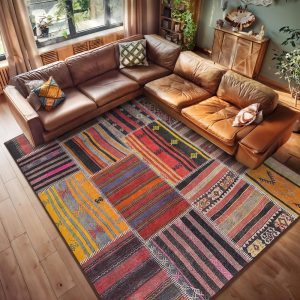 Striped Patchwork Area Rug – Vibrant Geometric Accent Carpet -Multicolor Kilim Throw Rug-Bohemian Style Area Mat-Eclectic Living Room Runner