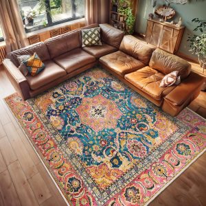 Brocade Multicolor Area Rug-Vintage Floral Medallion Accent Carpet-Persian Inspired Mat-Antique Style Mat-Blue Bohemian Rug-Lounge Throw Rug
