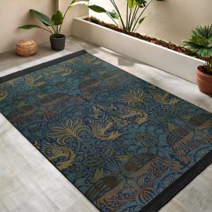 Victorian Blue Morris Art Area Rug-Gothic Peacock Accent Carpet-Medieval Birds Oil Paint Mat-William’s Whimsical Blue Art Nouveau Runner