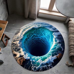 Wavy Ocean Hole Round Rug | 3D Deep Sea Carpet | Mystical Oceanic Floor Decor | Nautical Abyss Round Mat | Water-Themed Illusion Rug