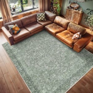 Green Floral Accent Rug – Vintage Lattice Area Rug-Botanical Anti Slip Carpet-Sage Living Room Mat-Intricate Square Rug-Elegant Floor Runner