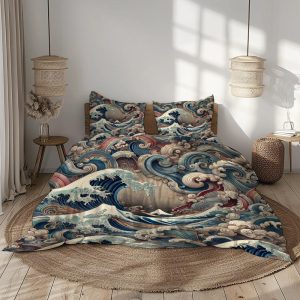 Japanese Wave Bedding Set, Duvet Cover with Pillowcases in Bold Blue, Beige, Red, and Cream Tones, Artistic Microfiber Fabric