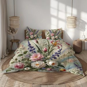 Spring Floral Bedding Set, Duvet Cover with Pillowcases in Soft Pink, White, Green, and Lavender Tones, Elegant Microfiber Design