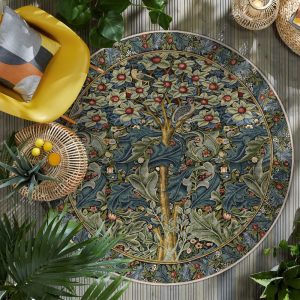 Morris Tree of Life Round Rug – Blue Botanical Leaves Circle Carpet – Floral Accent Rug – Decorative Nature Round Mat -Bohemian Washable Rug