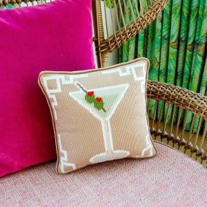 Tan Martini Needlepoint Pillow
