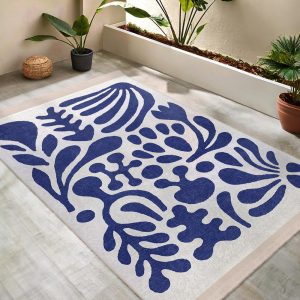 Abstract Blue Accent Rug – Bold Leaf Silhouette Carpet – Modern Artistic Area Mat – Nature Inspired Decor Square Rug-Machine Washable Runner