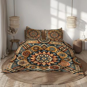 Bohemian Mandala Bedding Set, Yellow, Blue, and Orange Design, Soft Microfiber Duvet Cover with Pillowcases, Multiple Sizes