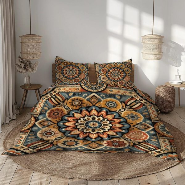 Bohemian Mandala Bedding Set, Yellow, Blue, and Orange Design, Soft Microfiber Duvet Cover with Pillowcases, Multiple Sizes