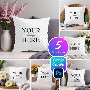 5 Pillow PNG Mockup Bundle, White Throw Pillow Mockup Edit in Canva, Photoshop, 5 Mock up Bundle, Minimal Mockups, Modern Mockups