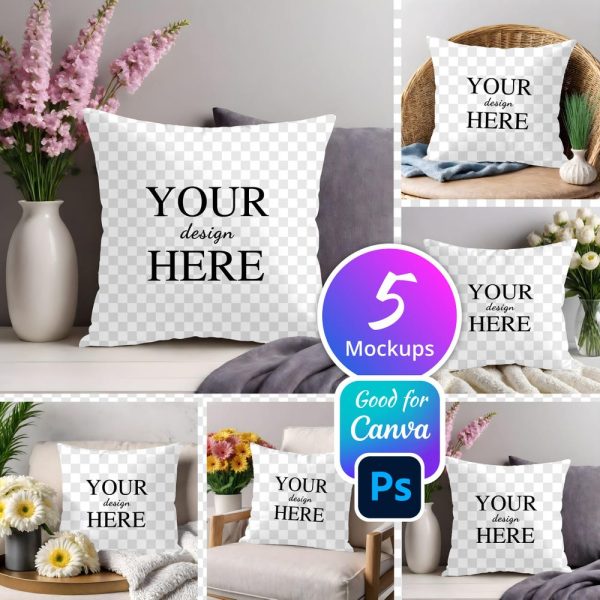 5 Pillow PNG Mockup Bundle, White Throw Pillow Mockup Edit in Canva, Photoshop, 5 Mock up Bundle, Minimal Mockups, Modern Mockups